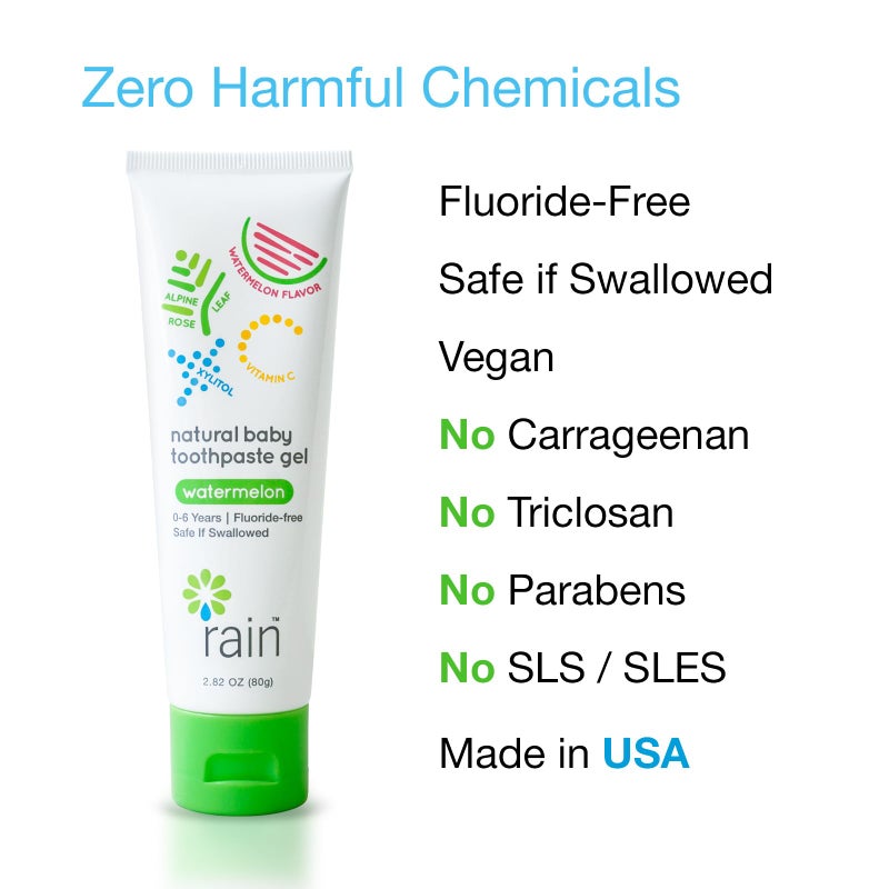 RAIN Baby Toothpaste 6 to 12 Months - Rain Fluoride Free Tooth Paste Gel for Infant Toddler Kids 0-6 Years and Up, Safe to Swallow, 2.8 Oz, Babies Training, Xylitol, Vitamin C, Vegan, SLS Free, Gluten Free - Image 4